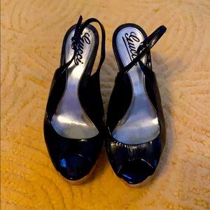 Black Patent Gucci Wedges with Basketweave Heel